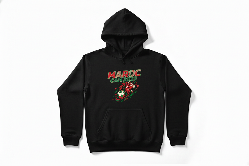 Hoodie noir Maroc CAN 2025 lacet long même forme