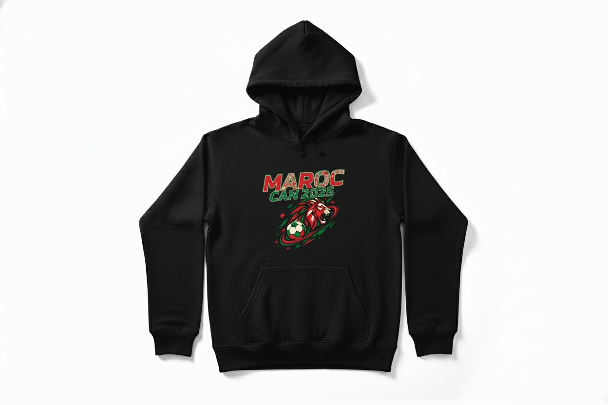 Hoodie noir Maroc CAN 2025 lacet long même forme