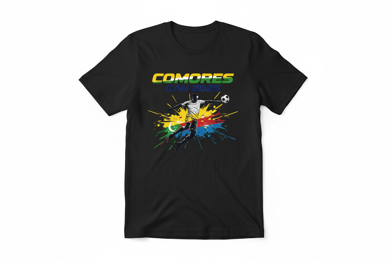 T-shirt noir Comores CAN 2025 - Fond blanc